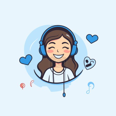 Illustration for Vector illustration of a girl with headphones and hearts on a blue background. - Royalty Free Image