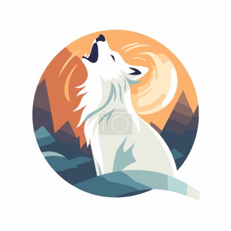 Illustration for Vector illustration of a white dog sitting in the middle of the mountain. - Royalty Free Image