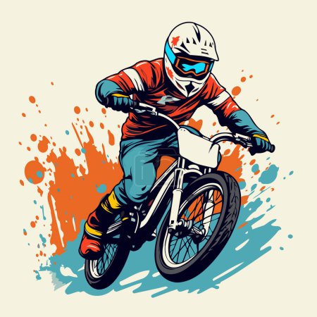 Illustration for Mountain biker rides on a race track. Vector illustration. - Royalty Free Image