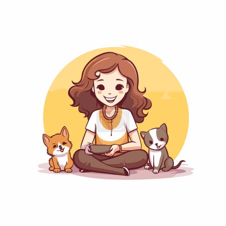 Téléchargez les illustrations : Jolie fille de dessin animé assis avec son chien et son chat. Illustration vectorielle. - en licence libre de droit