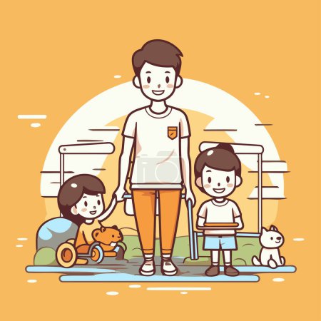 Illustration for Father and children playing in the park. Flat style vector illustration. - Royalty Free Image
