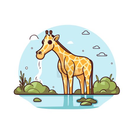 Téléchargez les illustrations : Girafe au lac. Illustration vectorielle en style plat. - en licence libre de droit