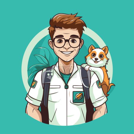 Illustration for Vector illustration of a young man with a dog in his arms. - Royalty Free Image