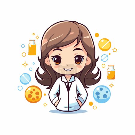 Illustration for Cute little girl cartoon character with science equipment. Vector illustration. - Royalty Free Image