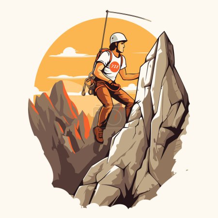 Illustration for Vector illustration of a man climbing a mountain with a rope and helmet - Royalty Free Image