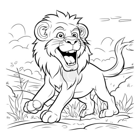 Ilustración de Ilustración de dibujos animados en blanco y negro del animal león para colorear libro - Imagen libre de derechos