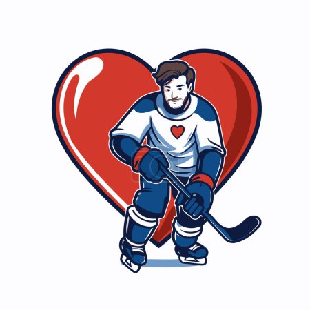 Joueur de hockey avec un bâton de hockey et le c?ur. Illustration vectorielle.