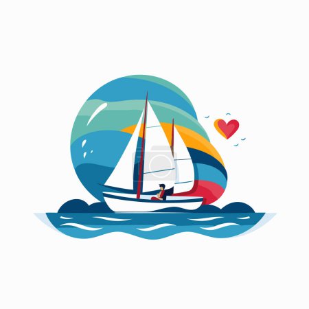 Illustration for Sailing boat in the sea. Vector illustration in flat style. - Royalty Free Image