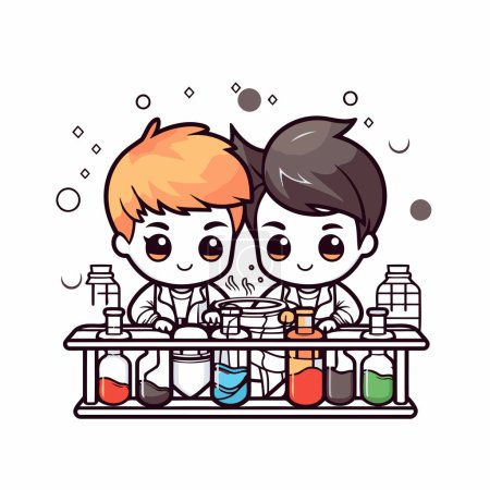 Illustration for Cute boy and girl in science lab cartoon vector graphic design illustration - Royalty Free Image