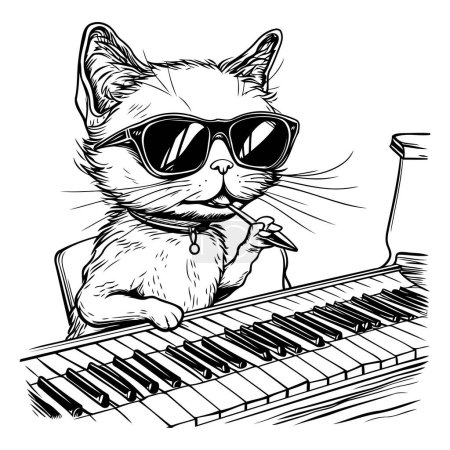 Téléchargez les illustrations : Illustration vectorielle du chat avec des lunettes de soleil assis sur des touches de piano et jouant de la musique - en licence libre de droit