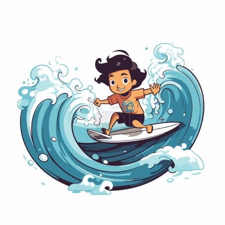 Illustration for Cartoon vector illustration of a surfer on a big wave. - Royalty Free Image