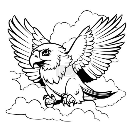 Illustration for Eagle flying in the clouds. Black and white vector illustration. - Royalty Free Image