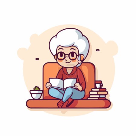 Téléchargez les illustrations : Femme âgée lisant un livre à la maison. Illustration vectorielle de style plat. - en licence libre de droit
