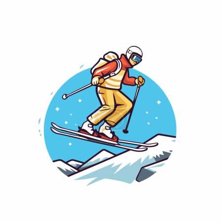 Ilustración de Icono de vector de esquí. Esquiador en casco y gafas esquiando cuesta abajo. - Imagen libre de derechos