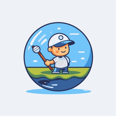 Ilustración de Lindo chico pescando en el lago. Vector plano ilustración de dibujos animados. - Imagen libre de derechos