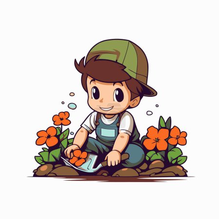 Ilustración de Lindo niño plantando flores en el jardín. Ilustración vectorial. - Imagen libre de derechos