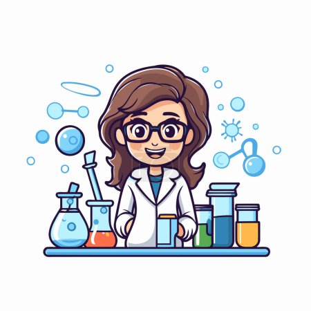 Illustration for Scientist girl in lab coat and glasses. Vector illustration in cartoon style - Royalty Free Image