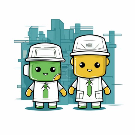 Téléchargez les illustrations : Couple de travailleurs avec casque et casque de sécurité dans l'illustration vectorielle ville - en licence libre de droit