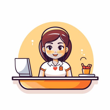 Cute girl sitting at the table with laptop. Vector illustration.