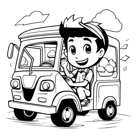 Ilustración de Boy driving a school bus - Black and White Cartoon Illustration (en inglés). Vector - Imagen libre de derechos