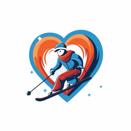 Téléchargez les illustrations : Logo vectoriel homme ski. Skieur avec skis et cœur. - en licence libre de droit