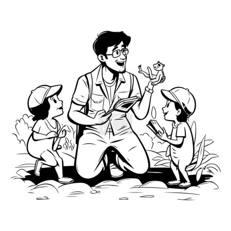 Illustration for A vector illustration of a father and his children playing in the garden. - Royalty Free Image