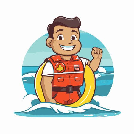 Ilustración de Salvavidas con boya salvavidas en el mar. Ilustración vectorial. - Imagen libre de derechos