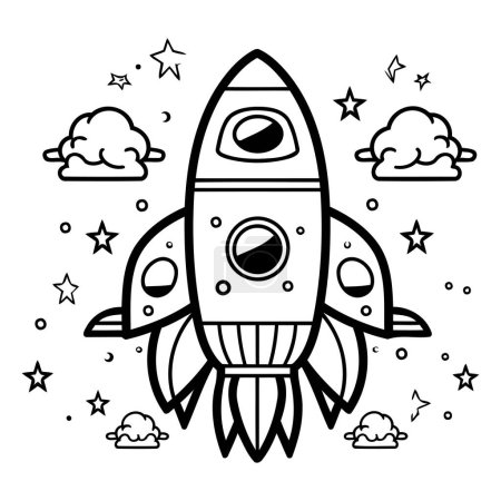 Téléchargez les illustrations : Icône de fusée en illustration vectorielle noir et blanc pour tatouage et livre à colorier - en licence libre de droit
