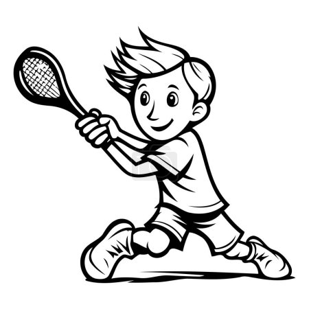 Téléchargez les illustrations : Joueur de tennis - Dessin animé noir et blanc d'un joueur de tennis - en licence libre de droit