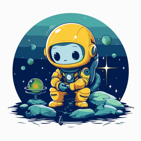 Astronaut in the starry night. Cartoon vector illustration.