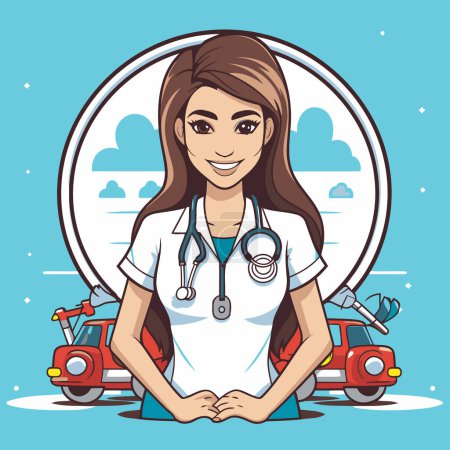 Illustration for Nurse with car cartoon vector illustration graphic design vector illustration graphic design - Royalty Free Image