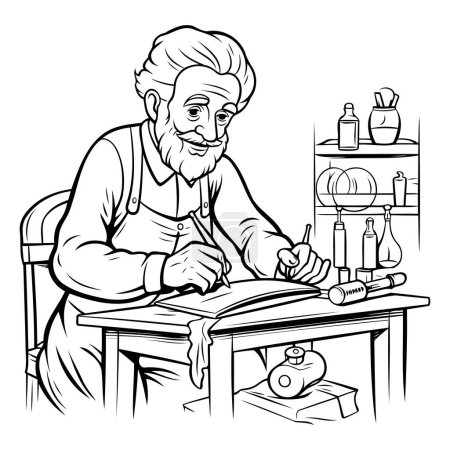 Ilustración de Dibujos animados en blanco y negro Ilustración de un anciano artista masculino escribiendo una carta o boceto para colorear libro - Imagen libre de derechos