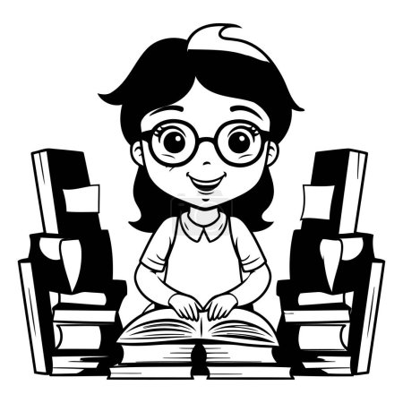 Téléchargez les illustrations : Mignon petit étudiant fille lecture livre en bibliothèque vectoriel illustration graphisme - en licence libre de droit