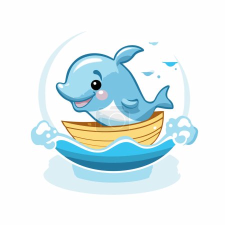 Illustration for Cute cartoon dolphin in a boat. Vector illustration on white background. - Royalty Free Image