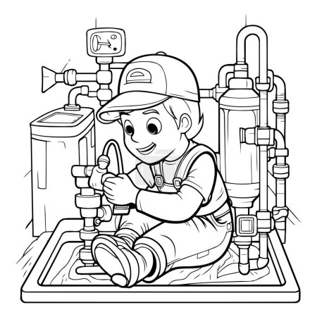 Téléchargez les illustrations : Dessin animé noir et blanc illustrant un plombier pour enfant réparant un tuyau de plomberie ou un tuyau à la maison - en licence libre de droit
