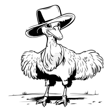Téléchargez les illustrations : Illustration vectorielle de l'autruche au chapeau. Image en noir et blanc. - en licence libre de droit