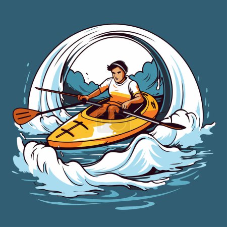 Téléchargez les illustrations : Un homme en kayak sur les vagues. Illustration vectorielle de bande dessinée. - en licence libre de droit