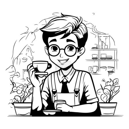 Illustration for Young man drinking coffee in cafe. Black and white vector illustration. - Royalty Free Image