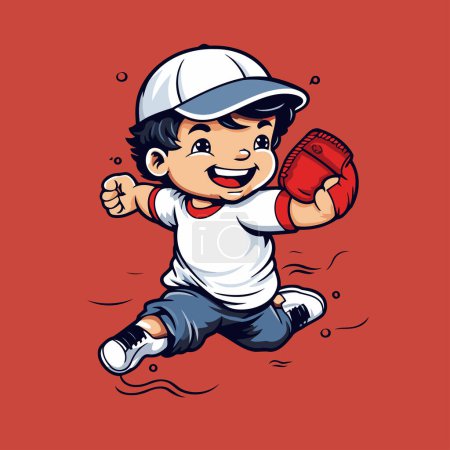Téléchargez les illustrations : Illustration vectorielle d'un garçon jouant au baseball sur fond rouge. Cartoon style. - en licence libre de droit