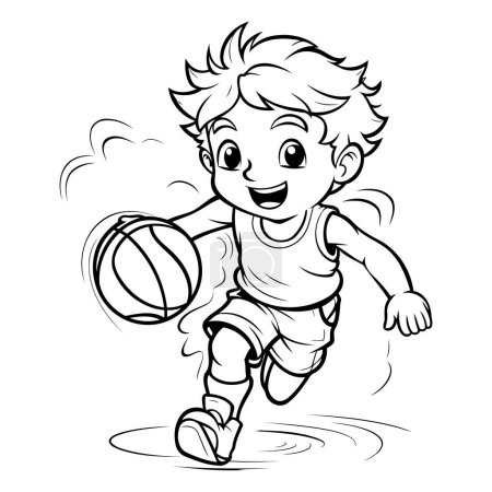 Téléchargez les illustrations : Illustration de dessin animé en noir et blanc d'un enfant jouant au basket-ball ou au volley-ball Coloring Book - en licence libre de droit