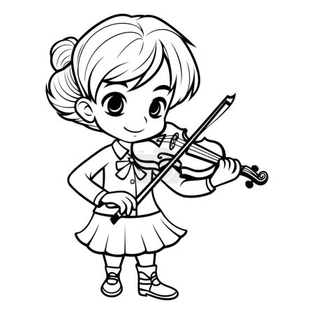 Téléchargez les illustrations : Petite fille mignonne jouant du violon Illustration de dessin animé noir et blanc. Vecteur - en licence libre de droit