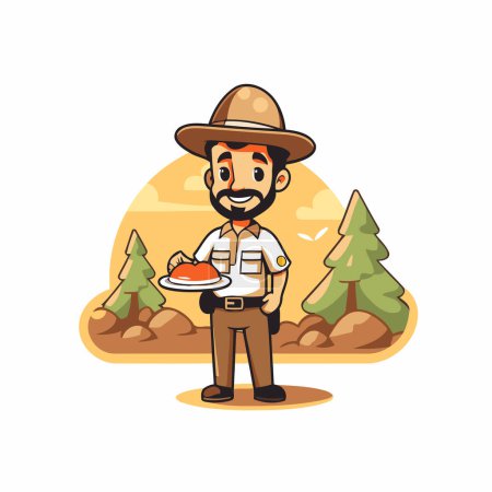Téléchargez les illustrations : Cowboy dessin animé avec chapeau et saucisses dans la forêt. Illustration vectorielle - en licence libre de droit