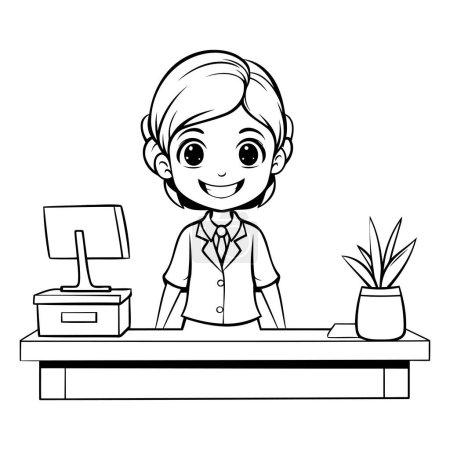Téléchargez les illustrations : Mignon petit garçon dans bureau avec ordinateur et dessin vectoriel d'illustration de plante - en licence libre de droit