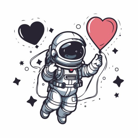 Téléchargez les illustrations : Un astronaute tenant un ballon en forme de cœur. Illustration vectorielle. - en licence libre de droit