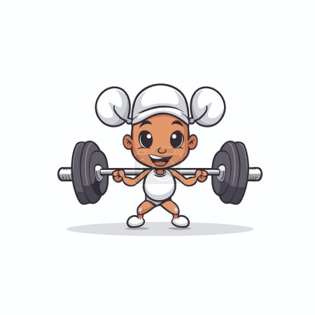 Cute little boy lifting barbell cartoon vector illustration. Fitness and healthy lifestyle concept.