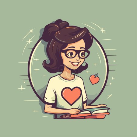 Ilustración de Chica leyendo un libro con un corazón rojo en la mano. Ilustración vectorial. - Imagen libre de derechos