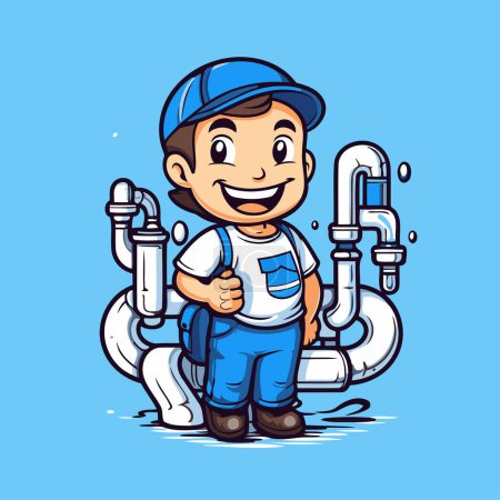 Illustration for Plumber with water pipes. Vector illustration of a cartoon character. - Royalty Free Image