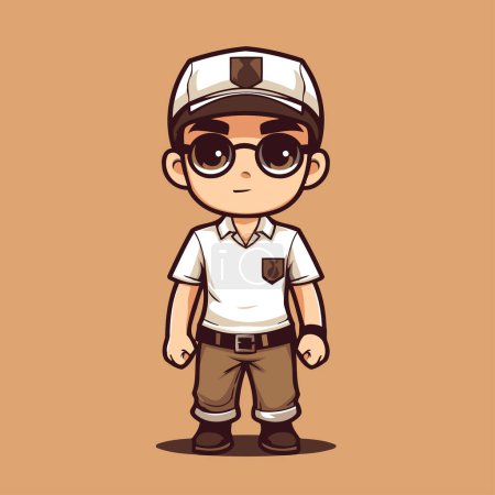 Illustration for Cute boy wearing police uniform and glasses. Vector Illustration. - Royalty Free Image