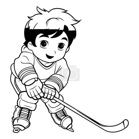 Illustration for Cute boy playing hockey. Black and white vector illustration for coloring book. - Royalty Free Image