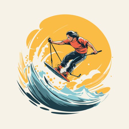 Téléchargez les illustrations : Skieur sur une planche de surf. Illustration vectorielle dans un style rétro. - en licence libre de droit